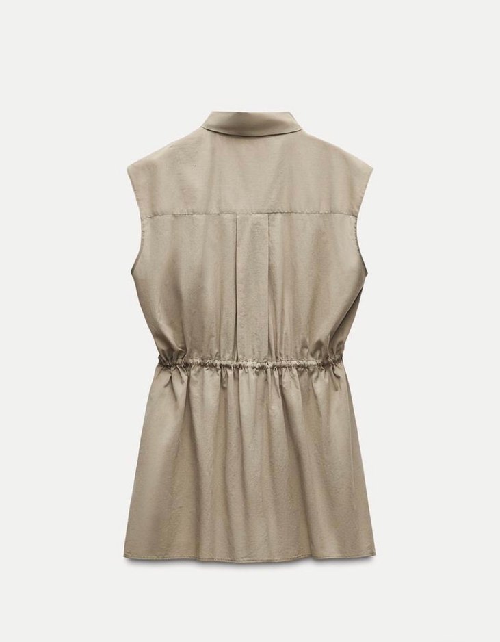 Zara Bej Keten V Yakalı Kolsuz Mini Elbise - Görsel 3