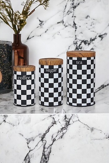 Dama Desenli Metal Tea Sugar Coffee Saklama Kabı