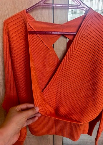 Turuncu Kruvaze Triko Kadın Kazak - Görsel 3