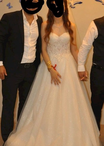 V Yaka Askılı Parlak Beyaz A Kesim Gelinlik - Görsel 7