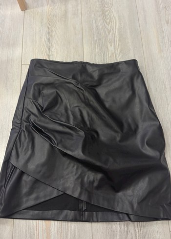 Drapeli Siyah Deri Midi Kadın etek - Görsel 2