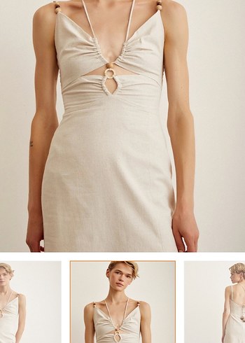 Bej Keten V Yaka Uzun Elbise - Görsel 2