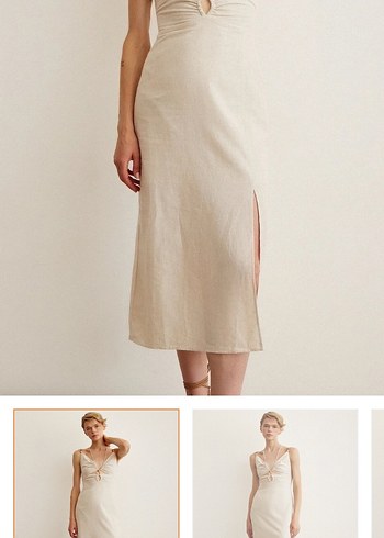 Bej Keten V Yaka Uzun Elbise - Görsel 4