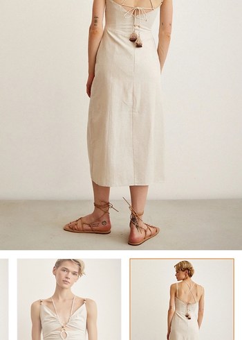 Bej Keten V Yaka Uzun Elbise - Görsel 3