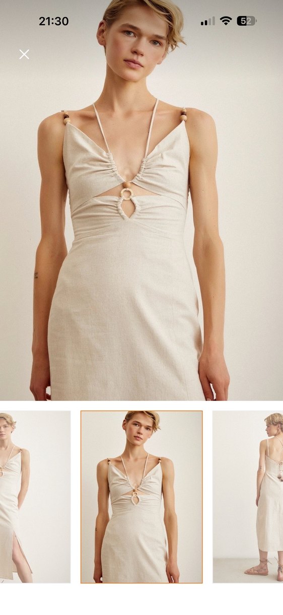 Bej Keten V Yaka Uzun Elbise - Görsel 2