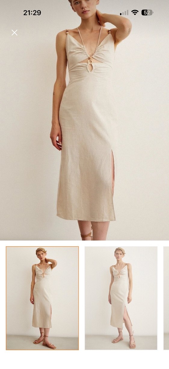 Bej Keten V Yaka Uzun Elbise - Görsel 4