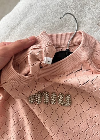 Diğer Toz pembe Nakışlı Kısa Kollu Kadın Triko