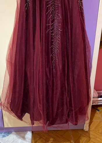 Bordo Uzun Kollu V Yaka İşlemeli Abiye - Görsel 2