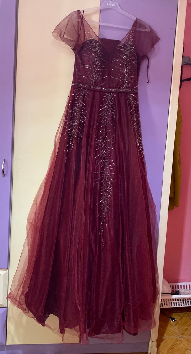 Bordo Uzun Kollu V Yaka İşlemeli Abiye - Görsel 3