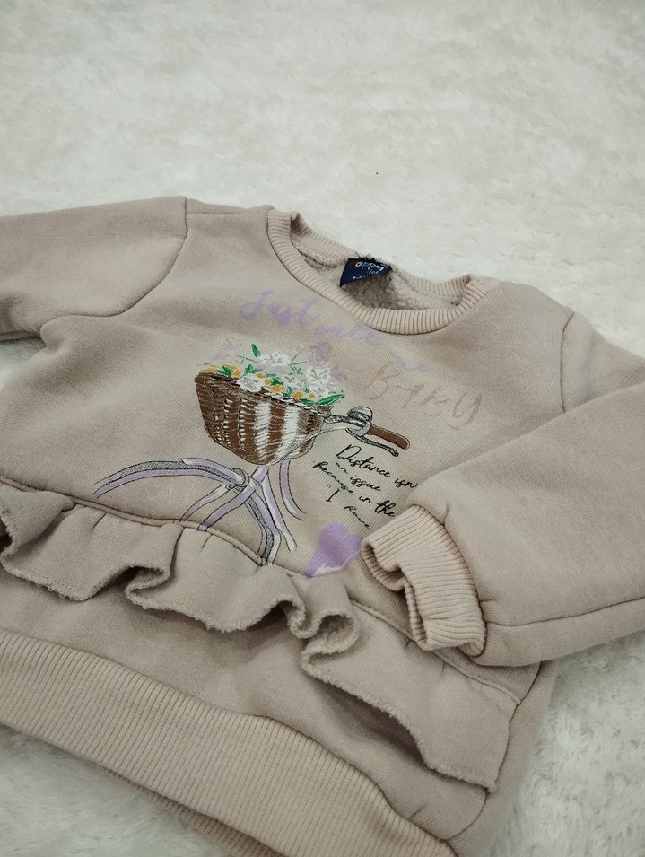 Kız Çocuk Bej Nakışlı Fırfırlı Sweatshirt - Görsel 2