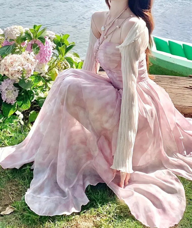 Shein Pembe Drapeli Straplez Uzun Bohem Elbise - Görsel 2