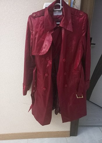 Bordo Deri Kadın Trençkot, Düğmeli, Midi Boy