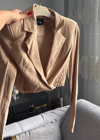 Bej Keten Mini Kadın Blazer Ceket