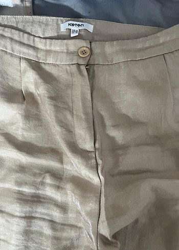 Bej Keten Düğmeli Kadın Pantolon - Görsel 2