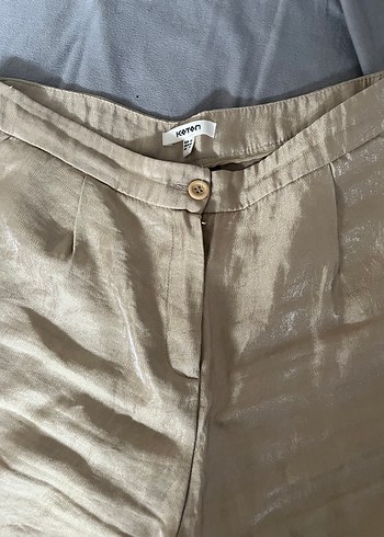 Bej Keten Düğmeli Kadın Pantolon - Görsel 3