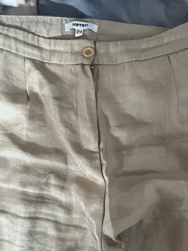 Bej Keten Düğmeli Kadın Pantolon - Görsel 2