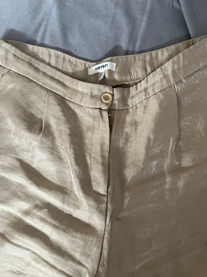 Bej Keten Düğmeli Kadın Pantolon - Görsel 3