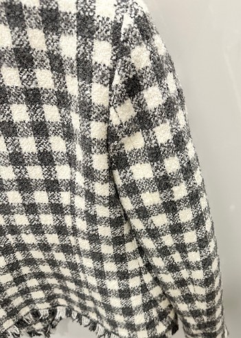 Gri Ekose Mini Düğmeli Kadın Blazer - Görsel 7