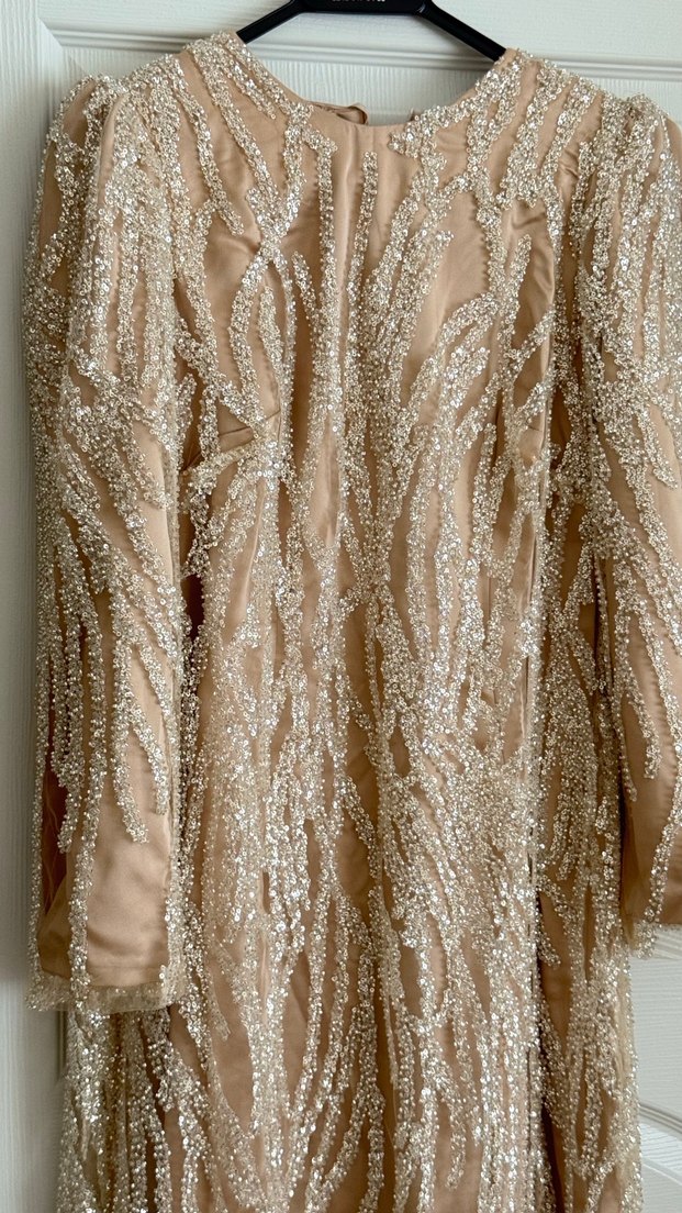 Boncuk İşlemeli Bej Uzun Abiye Elbise - Görsel 2