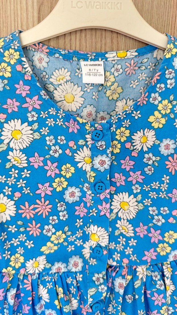 Çiçek Desenli Mavi Kolsuz Kız Elbisesi - Görsel 2