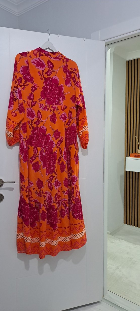 Renkli Bohem Uzun Kollu V Yaka Elbise - Görsel 3