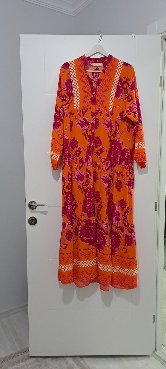 Renkli Bohem Uzun Kollu V Yaka Elbise - Görsel 4