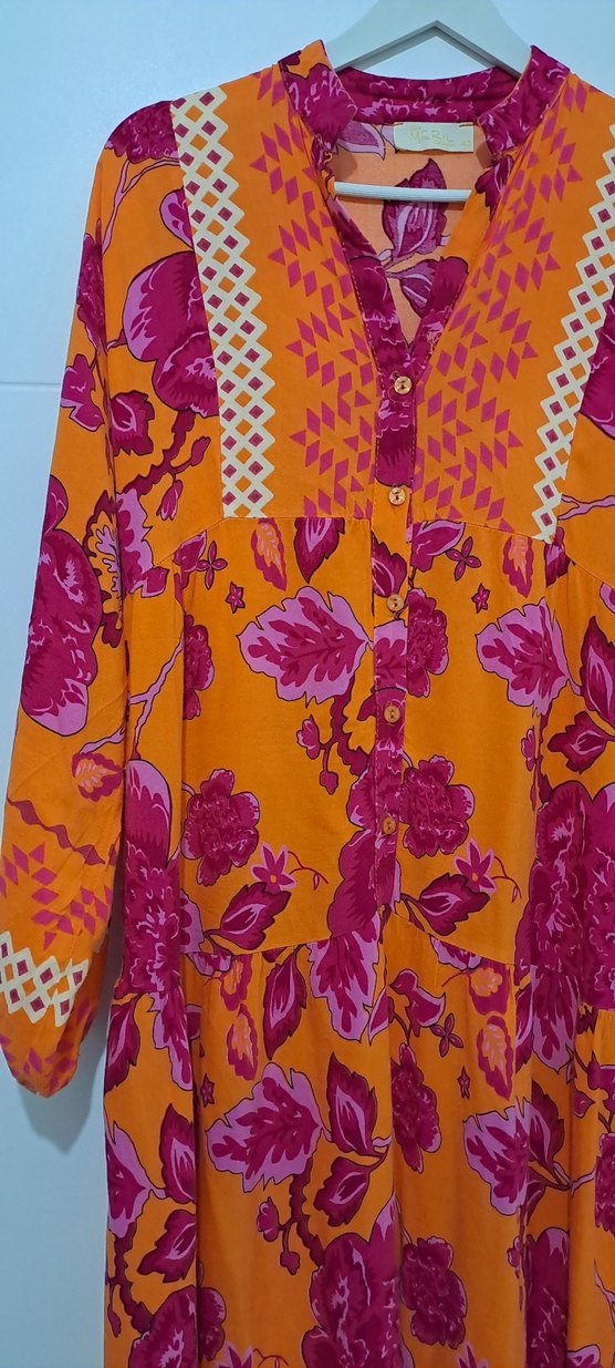 Renkli Bohem Uzun Kollu V Yaka Elbise - Görsel 5