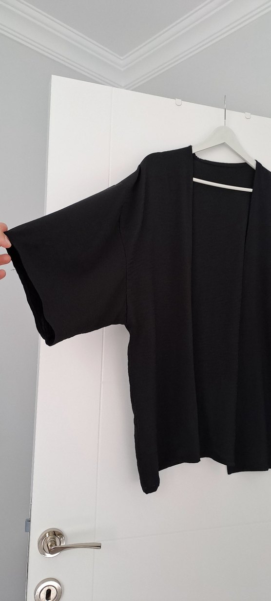 Kadın Siyah Midi Keten Kimono - Görsel 3