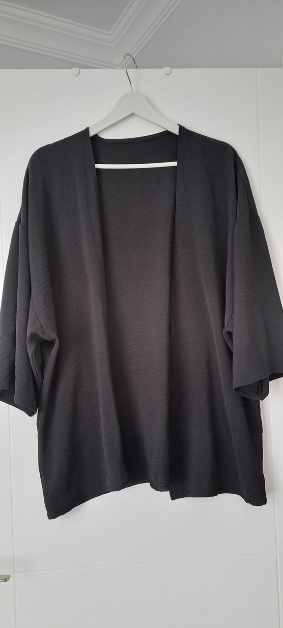 Kadın Siyah Midi Keten Kimono - Görsel 2