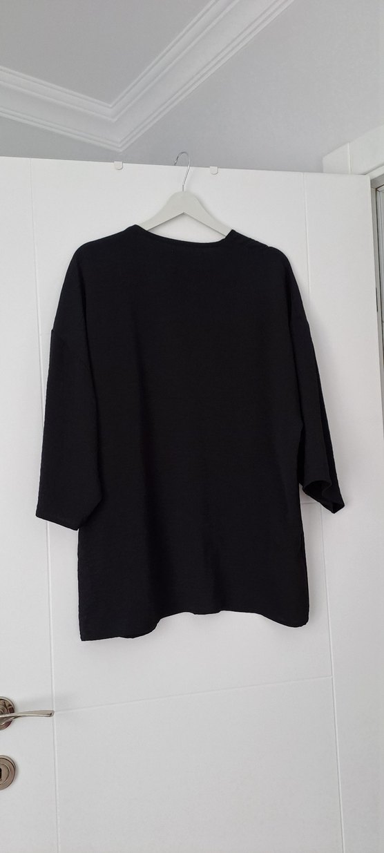 Kadın Siyah Midi Keten Kimono - Görsel 4