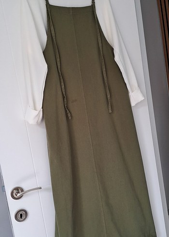 Kadın Haki Uzun Askılı Keten Tulum + Gömlek - Görsel 4