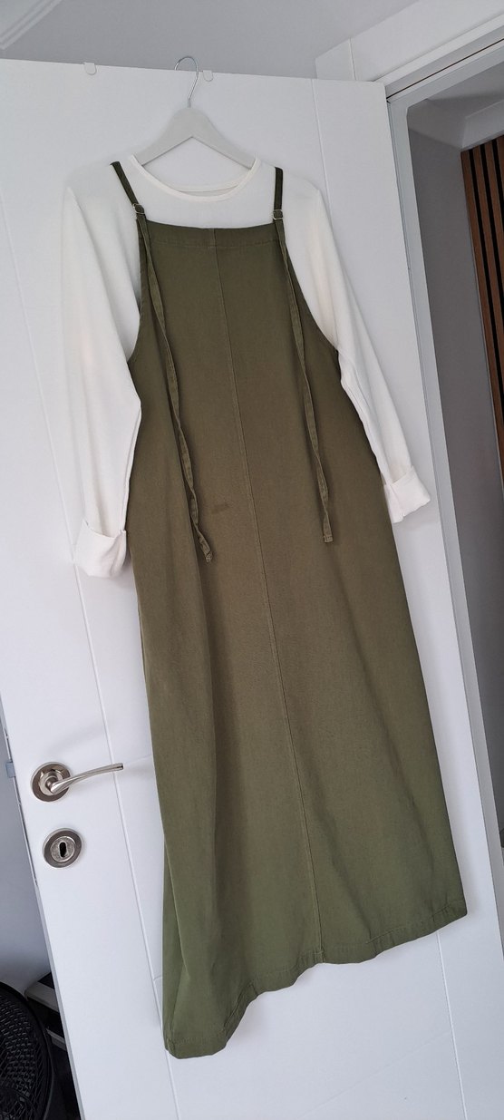 Kadın Haki Uzun Askılı Keten Tulum + Gömlek - Görsel 4