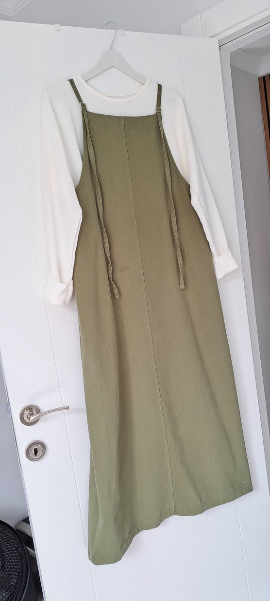 Kadın Haki Uzun Askılı Keten Tulum + Gömlek - Görsel 5