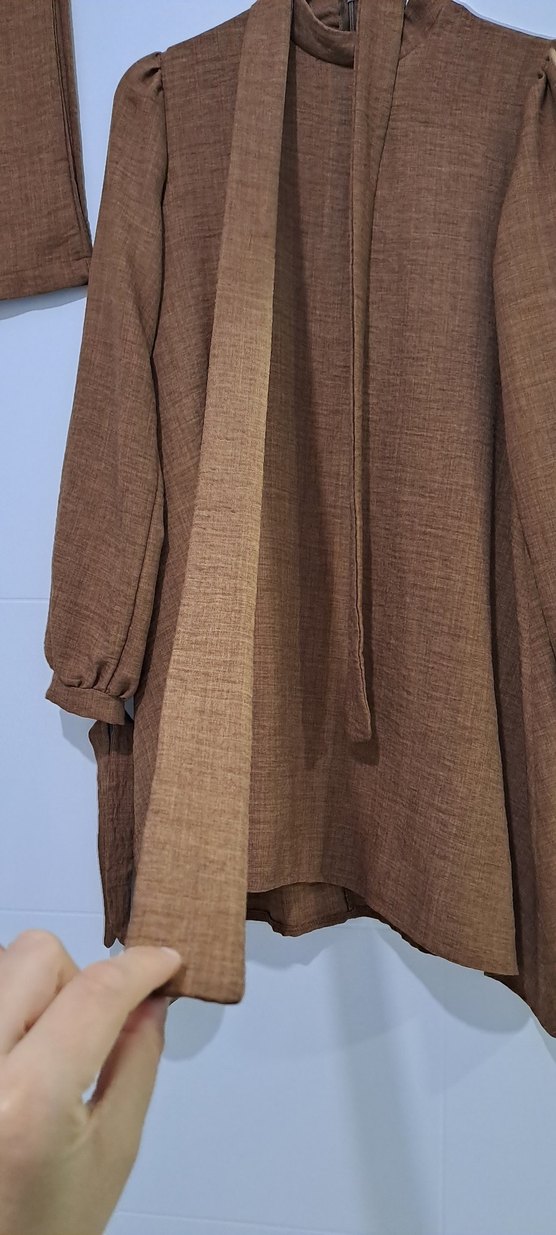 Diger Bohem Uzun Kahverengi Keten Tunik ve Pantolon takim - Görsel 4