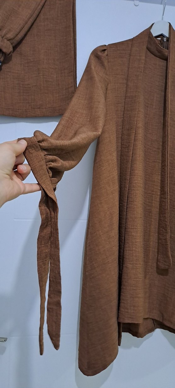 Diger Bohem Uzun Kahverengi Keten Tunik ve Pantolon takim - Görsel 3