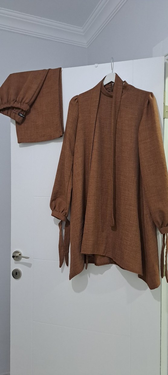 Diger Bohem Uzun Kahverengi Keten Tunik ve Pantolon takim - Görsel 2