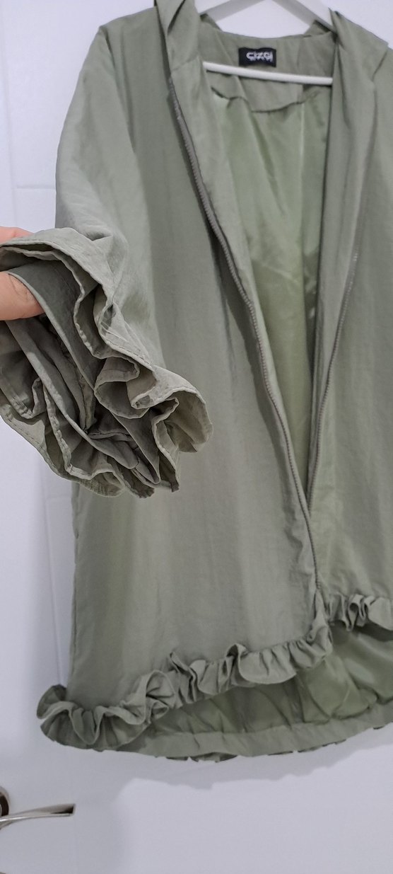 Uzun Kesim, Fırfırlı Keten Kadın Ceket - Görsel 3