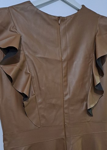 Kahverengi Deri Volanlı Uzun Elbise - Görsel 7