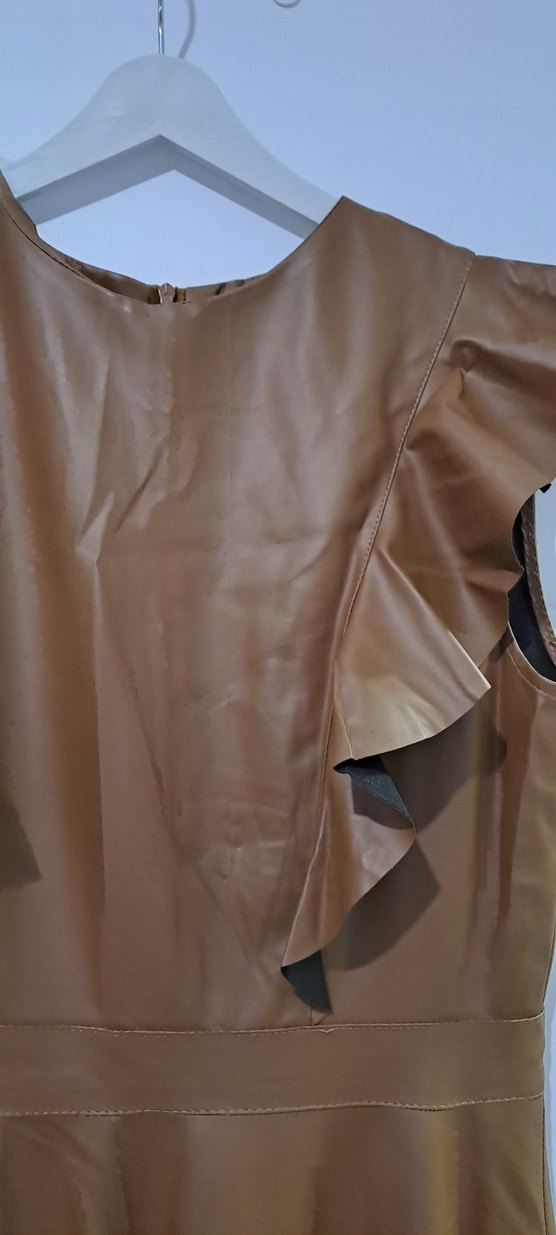 Kahverengi Deri Volanlı Uzun Elbise - Görsel 2