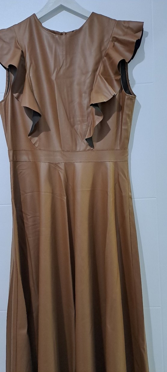 Kahverengi Deri Volanlı Uzun Elbise - Görsel 3