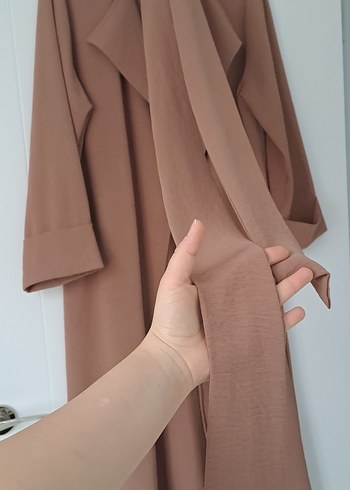 Bej Uzun Kadın Kaban Drapeli Notch Yaka - Görsel 5