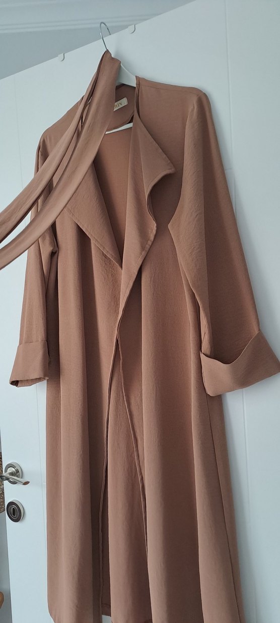 Bej Uzun Kadın Kaban Drapeli Notch Yaka - Görsel 4