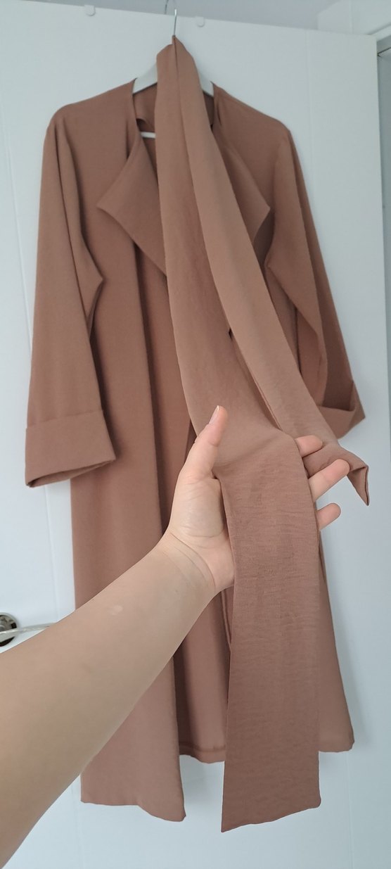 Bej Uzun Kadın Kaban Drapeli Notch Yaka - Görsel 5