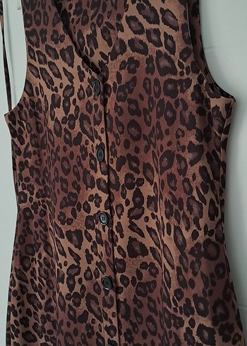 Kahverengi Leopar Desenli Uzun V Yaka Elbise - Görsel 5