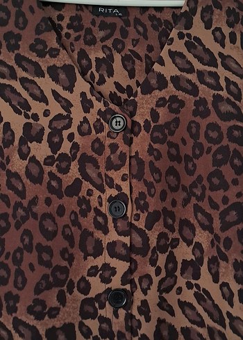 Kahverengi Leopar Desenli Uzun V Yaka Elbise - Görsel 3