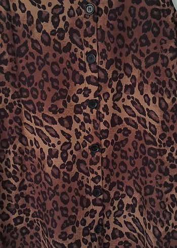 Kahverengi Leopar Desenli Uzun V Yaka Elbise - Görsel 4