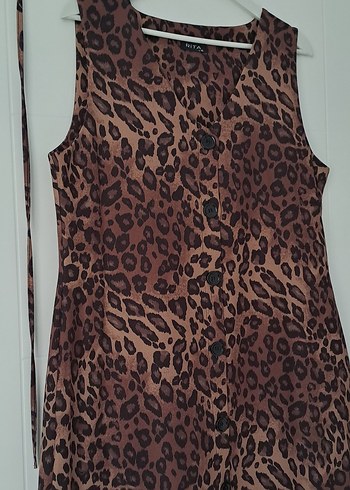 Kahverengi Leopar Desenli Uzun V Yaka Elbise - Görsel 2