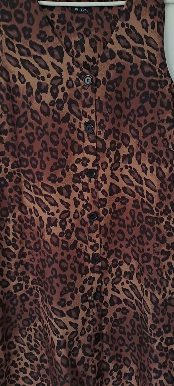 Kahverengi Leopar Desenli Uzun V Yaka Elbise - Görsel 4