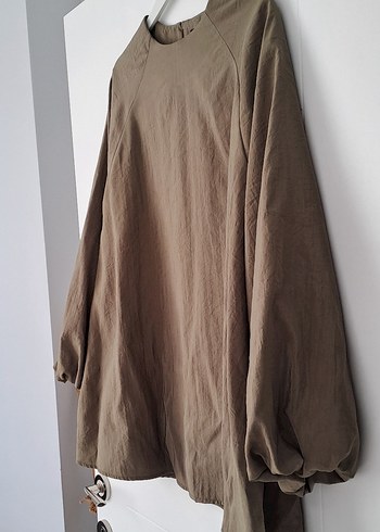 Haki Keten Kadın Tunik, Uzun Kollu, Salaş Kesim - Görsel 3