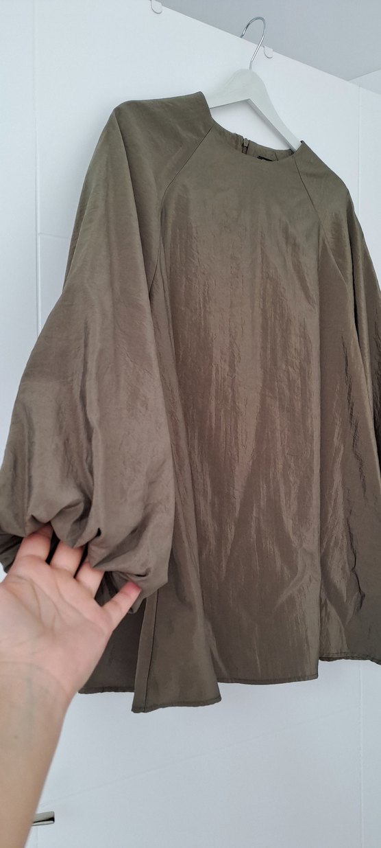 Haki Keten Kadın Tunik, Uzun Kollu, Salaş Kesim - Görsel 4